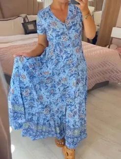 Outlet Women's Maxi Dress Casual Dress Boho Dress Elegant Stylish Casual Vacation Casual Daily Regular Fit Floral Short Sleeve V Neck Pink Navy Blue Purple Light Blue Summer Spring Women Spring Dresses