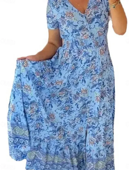 Outlet Women's Maxi Dress Casual Dress Boho Dress Elegant Stylish Casual Vacation Casual Daily Regular Fit Floral Short Sleeve V Neck Pink Navy Blue Purple Light Blue Summer Spring Women Spring Dresses