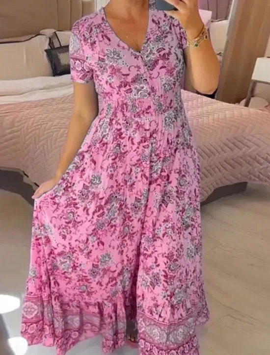 Outlet Women's Maxi Dress Casual Dress Boho Dress Elegant Stylish Casual Vacation Casual Daily Regular Fit Floral Short Sleeve V Neck Pink Navy Blue Purple Light Blue Summer Spring Women Spring Dresses