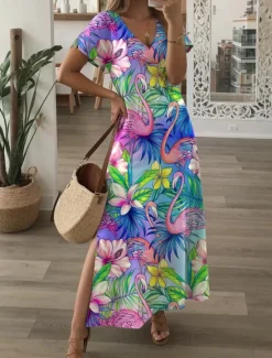 New Women's Maxi Dress Casual Dress Sundress Shift Dress Stylish Casual Drop Shoulder Vacation Daily Regular Fit Floral Short Sleeve V Neck Purple Green Spring Fall Women T Shirt Dresses