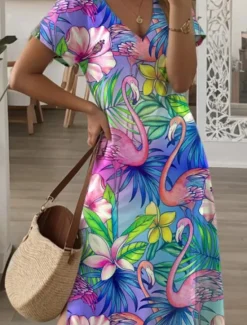 New Women's Maxi Dress Casual Dress Sundress Shift Dress Stylish Casual Drop Shoulder Vacation Daily Regular Fit Floral Short Sleeve V Neck Purple Green Spring Fall Women T Shirt Dresses