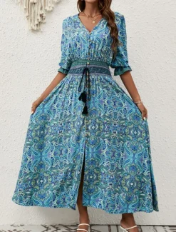 Online Women's Maxi Dress Casual Dress Swing Dress A Line Dress Boho Dress Casual Daily Regular Fit Floral Paisley Half Sleeve V Neck Blue Brown Summer Spring Fall Women Floral Dresses