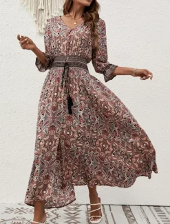 Online Women's Maxi Dress Casual Dress Swing Dress A Line Dress Boho Dress Casual Daily Regular Fit Floral Paisley Half Sleeve V Neck Blue Brown Summer Spring Fall Women Floral Dresses