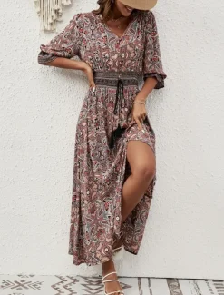 Online Women's Maxi Dress Casual Dress Swing Dress A Line Dress Boho Dress Casual Daily Regular Fit Floral Paisley Half Sleeve V Neck Blue Brown Summer Spring Fall Women Floral Dresses