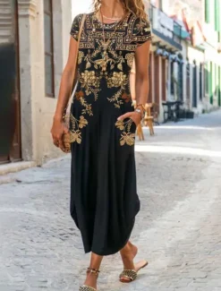 Women's Maxi Dress Casual Dress Vintage Vacation Regular Fit Floral Short Sleeve Crew Neck Black Yellow Khaki Summer Women Vacation Dresses