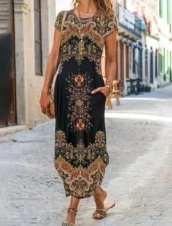 Women's Maxi Dress Casual Dress Vintage Vacation Regular Fit Floral Short Sleeve Crew Neck Black Yellow Khaki Summer Women Vacation Dresses