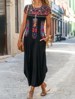 Women's Maxi Dress Casual Dress Vintage Vacation Regular Fit Floral Short Sleeve Crew Neck Black Yellow Khaki Summer Women Vacation Dresses