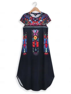 Women's Maxi Dress Casual Dress Vintage Vacation Regular Fit Floral Short Sleeve Crew Neck Black Yellow Khaki Summer Women Vacation Dresses