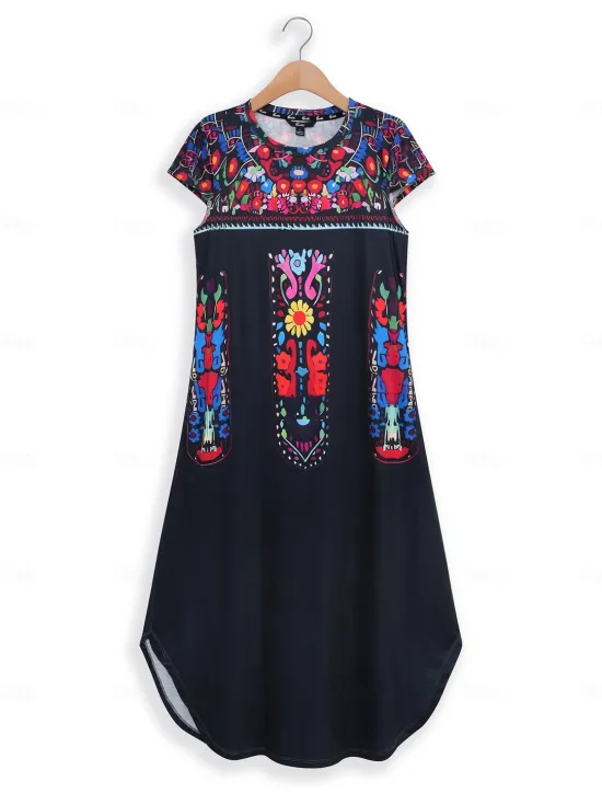 Women's Maxi Dress Casual Dress Vintage Vacation Regular Fit Floral Short Sleeve Crew Neck Black Yellow Khaki Summer Women Vacation Dresses