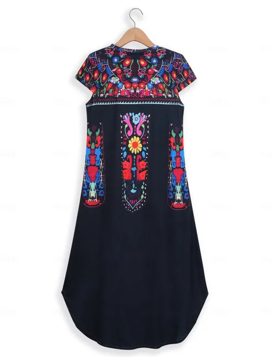 Women's Maxi Dress Casual Dress Vintage Vacation Regular Fit Floral Short Sleeve Crew Neck Black Yellow Khaki Summer Women Vacation Dresses