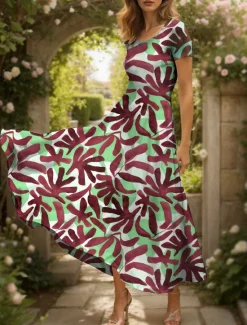 Clearance Women's Maxi Dress Casual Dress Sundress A Line Dress Summer Dress Vacation Vintage Ethnic Regular Fit Graphic Leaf Geometric Short Sleeve Square Neck Scoop Neck Red Blue Purple Green Summer Spring Women Vacation Dresses
