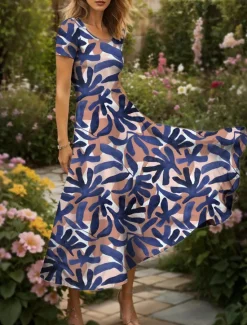 Clearance Women's Maxi Dress Casual Dress Sundress A Line Dress Summer Dress Vacation Vintage Ethnic Regular Fit Graphic Leaf Geometric Short Sleeve Square Neck Scoop Neck Red Blue Purple Green Summer Spring Women Vacation Dresses