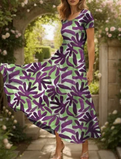 Clearance Women's Maxi Dress Casual Dress Sundress A Line Dress Summer Dress Vacation Vintage Ethnic Regular Fit Graphic Leaf Geometric Short Sleeve Square Neck Scoop Neck Red Blue Purple Green Summer Spring Women Vacation Dresses