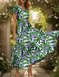 Clearance Women's Maxi Dress Casual Dress Sundress A Line Dress Summer Dress Vacation Vintage Ethnic Regular Fit Graphic Leaf Geometric Short Sleeve Square Neck Scoop Neck Red Blue Purple Green Summer Spring Women Vacation Dresses