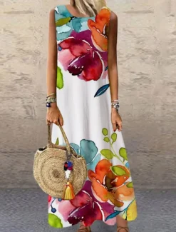 Clearance Women's Maxi Dress Casual Dress Sundress Shift Dress Fashion Vacation Party Casual Regular Fit Floral Print Sleeveless Crew Neck Summer Spring Fall Autumn Women Vacation Dresses|Spring Dresses