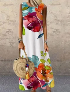 Clearance Women's Maxi Dress Casual Dress Sundress Shift Dress Fashion Vacation Party Casual Regular Fit Floral Print Sleeveless Crew Neck Summer Spring Fall Autumn Women Vacation Dresses|Spring Dresses