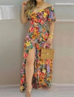 Online Women's Maxi Dress Casual Dress A Line Dress Stylish Casual Vacation Daily Regular Fit Floral Short Sleeve V Neck Spring Fall Women Spring Dresses|Floral Dresses