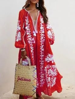 Outlet Women's Maxi Dress Casual Dress A Line Dress Boho Dress Stylish Casual Vacation Daily Date Loose Fit Graphic Long Sleeve V Neck Red Light Blue Spring Fall Women Spring Dresses