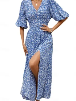 Discount Women's Maxi Dress Casual Dress Boho Chic Dresses Bohemia Cute Stylish Vacation Daily Beach Regular Fit Graphic Half Sleeve V Neck Summer Spring Fall Women Floral Dresses
