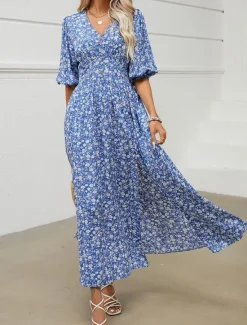 Discount Women's Maxi Dress Casual Dress Boho Chic Dresses Bohemia Cute Stylish Vacation Daily Beach Regular Fit Graphic Half Sleeve V Neck Summer Spring Fall Women Floral Dresses