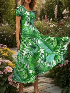 Online Women's Maxi Dress Casual Dress A Line Dress Summer Dress Vacation Vintage Ethnic Regular Fit Graphic Leaf Short Sleeve Square Neck Summer Spring Women Vacation Dresses