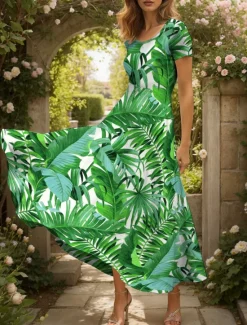 Online Women's Maxi Dress Casual Dress A Line Dress Summer Dress Vacation Vintage Ethnic Regular Fit Graphic Leaf Short Sleeve Square Neck Summer Spring Women Vacation Dresses