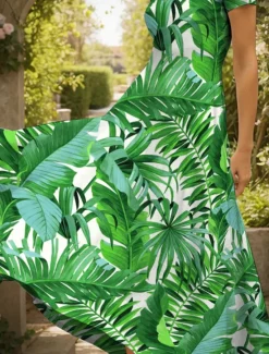 Online Women's Maxi Dress Casual Dress A Line Dress Summer Dress Vacation Vintage Ethnic Regular Fit Graphic Leaf Short Sleeve Square Neck Summer Spring Women Vacation Dresses