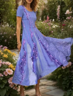 Clearance Women's Maxi Dress Casual Dress A Line Dress Summer Dress Elegant Vacation Vintage Regular Fit Ombre Graphic Abstract Short Sleeve Square Neck Pink Blue Summer Spring Women Vacation Dresses