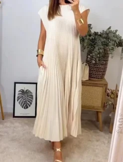 Online Women's Maxi Dress Casual Dress Solid Color Fashion Streetwear Party Office Daily Pleated Sleeveless Crew Neck Dress Regular Fit Black Yellow Beige Summer S M L XL XXL Women White Dresses