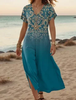 Best Women's Maxi Dress Casual Dress A Line Dress Stylish Casual Vacation Daily Regular Fit Floral Vintage Short Sleeve V Neck Light Green Blue Purple Dark Blue Summer Spring Women T Shirt Dresses