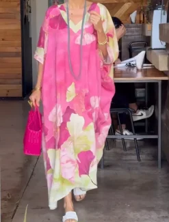 Best Women's Maxi Dress Casual Dress Shift Dress Stylish Casual Vacation Daily Date Loose Fit Floral Short Sleeve V Neck Pink Blue Summer Spring Women Spring Dresses|Work Dresses