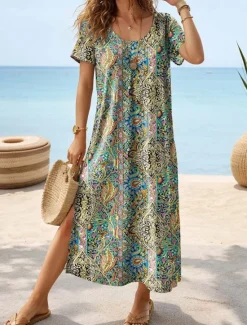 Women's Maxi Dress Casual Dress T Shirt Dress Tee Dress Sundress Bohemia Date Regular Fit Geometric Paisley Short Sleeve Crew Neck Summer Women Spring Dresses|T Shirt Dresses