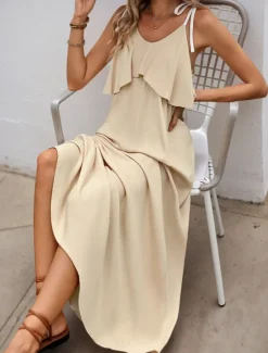 Online Women's Maxi Dress Casual Dress Slip Dress Stylish Basic Casual Vacation Daily Regular Fit Plain Sleeveless V Neck Summer Spring Women Vacation Dresses