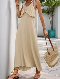 Online Women's Maxi Dress Casual Dress Slip Dress Stylish Basic Casual Vacation Daily Regular Fit Plain Sleeveless V Neck Summer Spring Women Vacation Dresses
