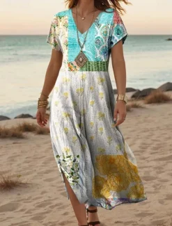 Best Women's Maxi Dress Casual Dress A Line Dress Stylish Casual Vacation Daily Regular Fit Floral Short Sleeve V Neck White Light Green Blue Green Summer Spring Women Spring Dresses|T Shirt Dresses