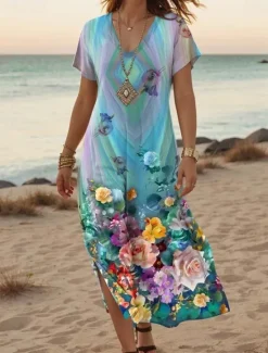 Best Women's Maxi Dress Casual Dress A Line Dress Stylish Casual Vacation Daily Regular Fit Floral Short Sleeve V Neck White Light Green Blue Green Summer Spring Women Spring Dresses|T Shirt Dresses