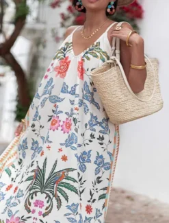 Outlet Women's Maxi Dress Casual Dress A Line Dress Elegant Stylish Casual Vacation Daily Beach Loose Fit Graphic Sleeveless Strap White Light Blue Summer Spring Women Vacation Dresses