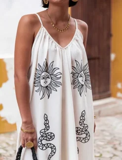 Outlet Women's Maxi Dress Casual Dress A Line Dress Elegant Stylish Casual Vacation Daily Beach Loose Fit Graphic Sleeveless Strap White Light Blue Summer Spring Women Vacation Dresses
