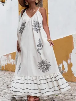 Outlet Women's Maxi Dress Casual Dress A Line Dress Elegant Stylish Casual Vacation Daily Beach Loose Fit Graphic Sleeveless Strap White Light Blue Summer Spring Women Vacation Dresses