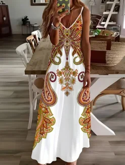 Women's Maxi Dress Casual Dress A Line Dress Slip Dress Vacation Vintage Ethnic Daily Regular Fit Paisley Sleeveless V Neck Summer Spring Fall Women Sundresses