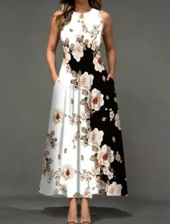 Online Women's Maxi Dress Casual Dress A Line Dress Stylish Casual Vacation Daily Regular Fit Floral Sleeveless Crew Neck Black White Yellow Light Green Summer Women Spring Dresses