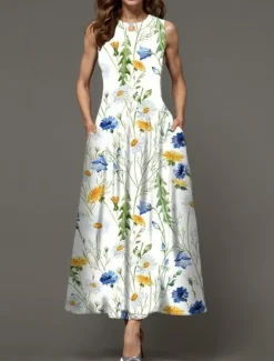 Online Women's Maxi Dress Casual Dress A Line Dress Stylish Casual Vacation Daily Regular Fit Floral Sleeveless Crew Neck Black White Yellow Light Green Summer Women Spring Dresses