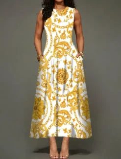 Online Women's Maxi Dress Casual Dress A Line Dress Stylish Casual Vacation Daily Regular Fit Floral Sleeveless Crew Neck Black White Yellow Light Green Summer Women Spring Dresses