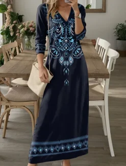 Discount Women's Maxi Dress Casual Dress T Shirt Dress Tee Dress Floral Tribal Pocket Print V Neck Long Dress Maxi Dress Vintage Ethnic Date Vacation Long Sleeve Fall Winter Women T Shirt Dresses