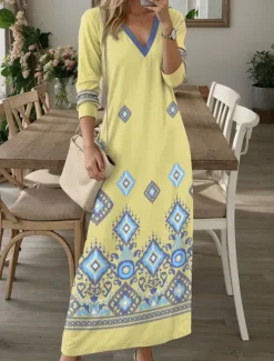 Discount Women's Maxi Dress Casual Dress T Shirt Dress Tee Dress Floral Tribal Pocket Print V Neck Long Dress Maxi Dress Vintage Ethnic Date Vacation Long Sleeve Fall Winter Women T Shirt Dresses