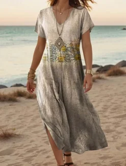 Best Women's Maxi Dress Casual Dress A Line Dress Stylish Casual Vacation Daily Regular Fit Floral Short Sleeve V Neck Summer Spring Women T Shirt Dresses