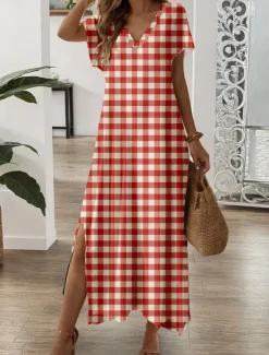Outlet Women's Maxi Dress Casual Dress Sundress A Line Dress Stylish Casual Vacation Daily Regular Fit Plaid Short Sleeve V Neck Spring Fall Women T Shirt Dresses