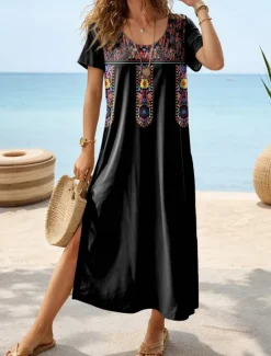 New Women's Maxi Dress Casual Dress T Shirt Dress Tee Dress Sundress Bohemia Date Regular Fit Geometric Short Sleeve Crew Neck Black Dark Gray Summer Women Spring Dresses|T Shirt Dresses