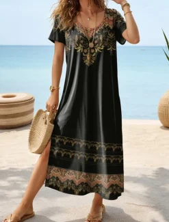New Women's Maxi Dress Casual Dress T Shirt Dress Tee Dress Sundress Bohemia Date Regular Fit Geometric Short Sleeve Crew Neck Black Dark Gray Summer Women Spring Dresses|T Shirt Dresses