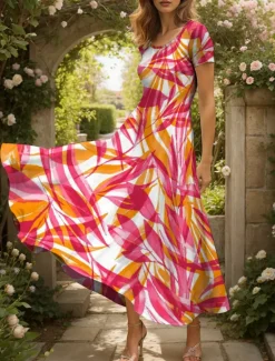 Online Women's Maxi Dress Casual Dress A Line Dress Summer Dress Vacation Vintage Ethnic Regular Fit Graphic Leaf Geometric Short Sleeve Square Neck Yellow Red Blue Purple Summer Spring Women Vacation Dresses